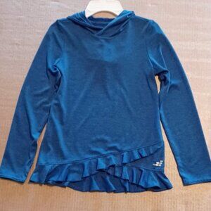 BCG girls blue activewear top, size M with hoodie, ruffled hem, long sleeve